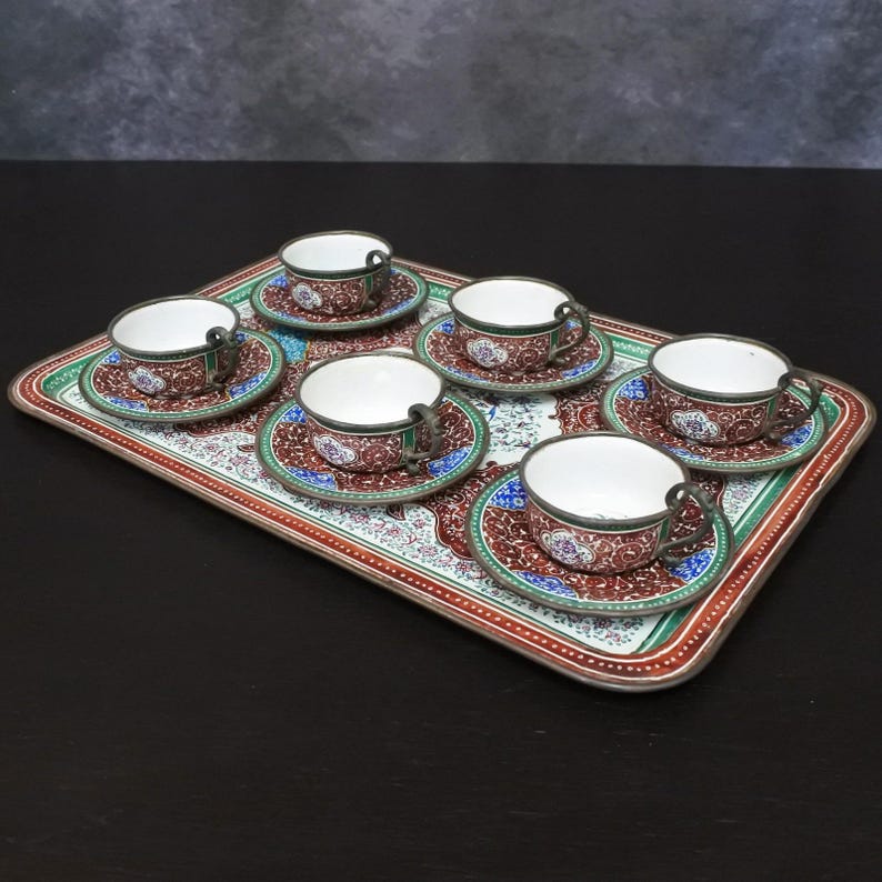 Antique Persian Minakari Enamel Floral Birds Tea & Coffee Cups Saucers Tray Set، نمای 3