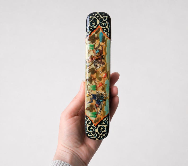Persian Lacquer Pencil Case • Miniature Painting Khatam Box • Dark Academia Desk Art، نمای 2