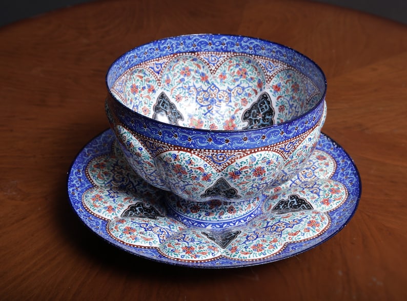 Decorative Handpainted Persian Minakari Bowl & Plate Set | Handmade Enamel Set | Unique Ho