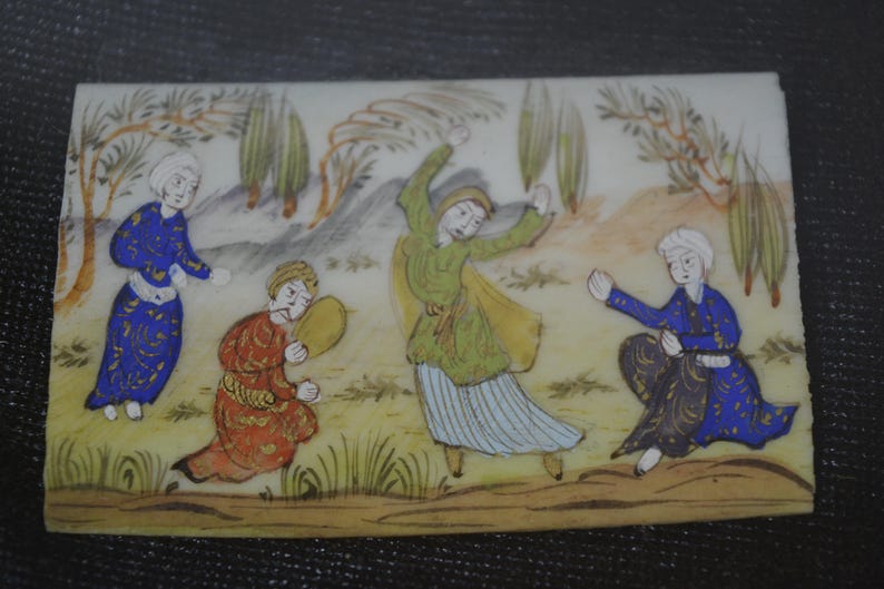 vintage Persian Middle East hand painted Suratgari miniature camel bone painting artwork d