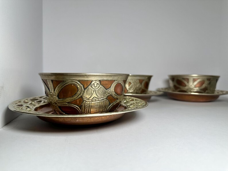 Engraved Silver on Copper Ghalamzani, 8 Piece Bowl and Plate Set، نمای 3