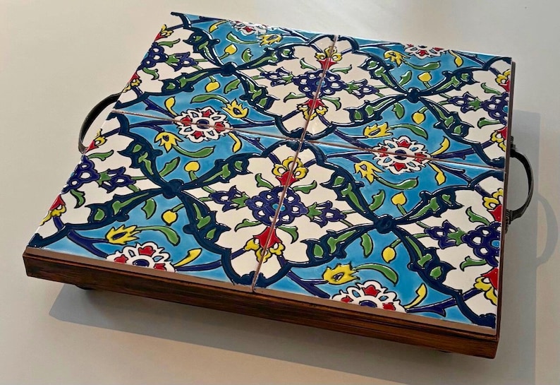 Persian Serving Tray, Ceramic Tile Tray, Mosaic Tile Tray, Metal Handle Serving Tray, Hand، نمای 2