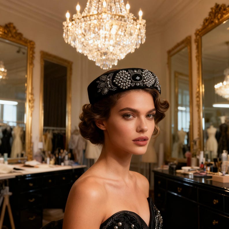 Black Velvet Headpiece with Onyx Stone, Handmade Persian Sermeh Embroidery، نمای 3