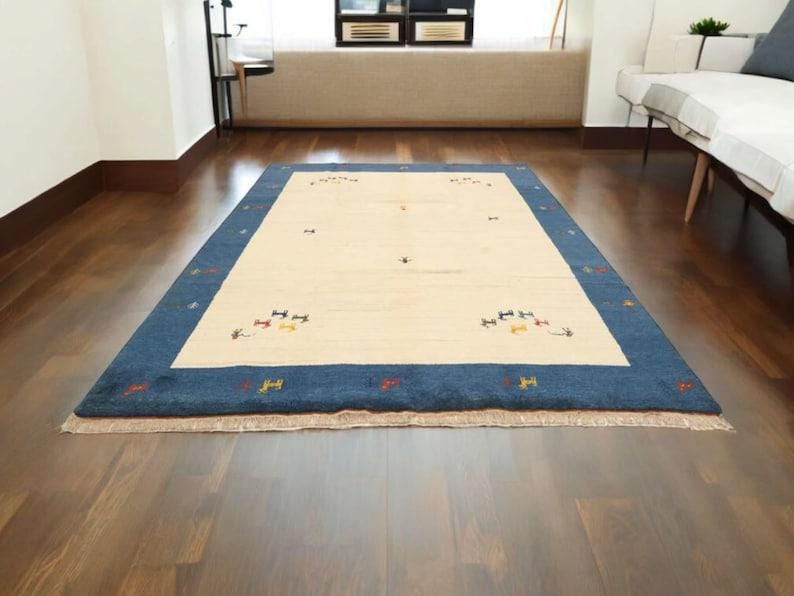 Handmade Gabbeh Wool Rug | Persian Style Minimalist Handloom Area Rug | Blue & Ivory Boho ، نمای 2