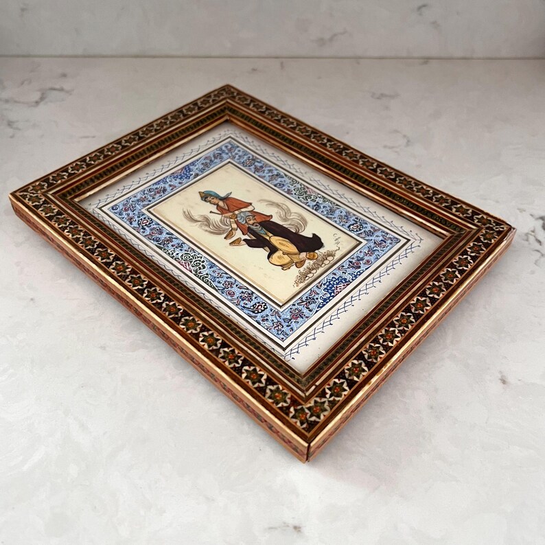 Persian Camel Bone Painting Inlaid Khatam Marquetry Mosaic Frame c1970