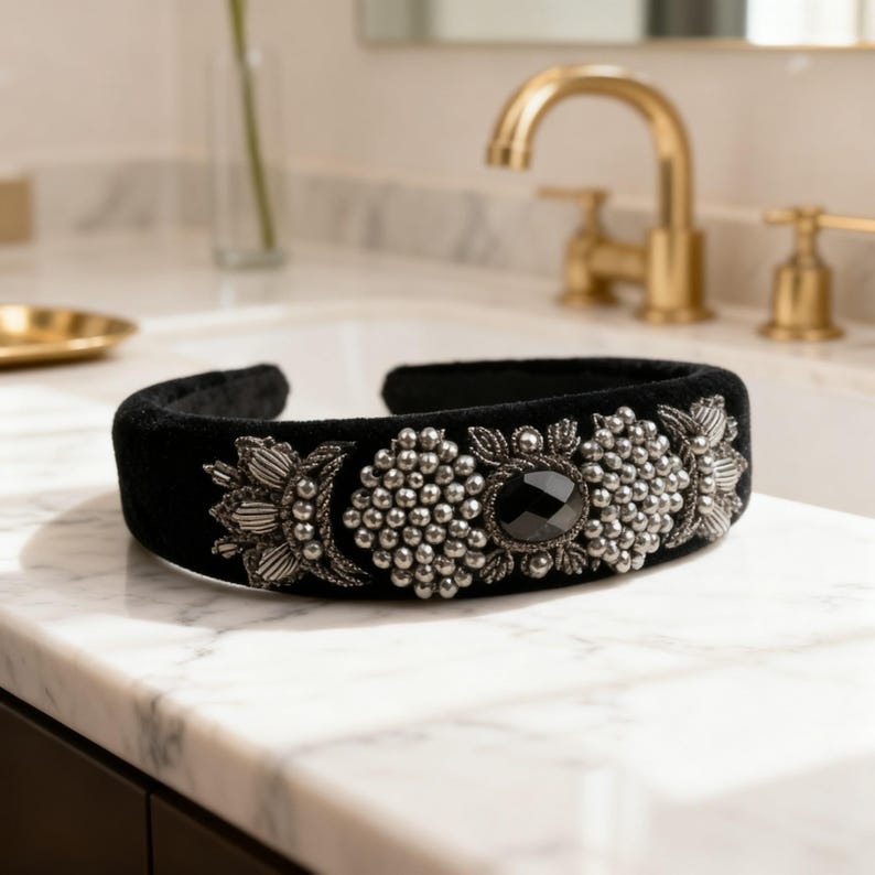 Black Velvet Headpiece with Onyx Stone, Handmade Persian Sermeh Embroidery