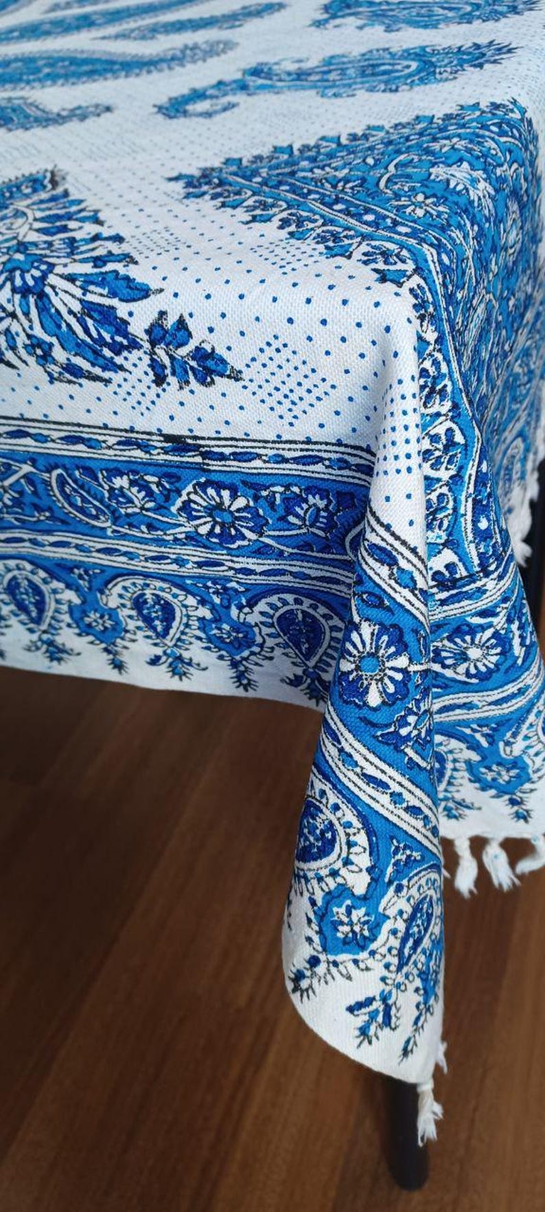 Blue Cotton Tablecloth: Ghalamkar Block Print - 100x150cm، نمای 2
