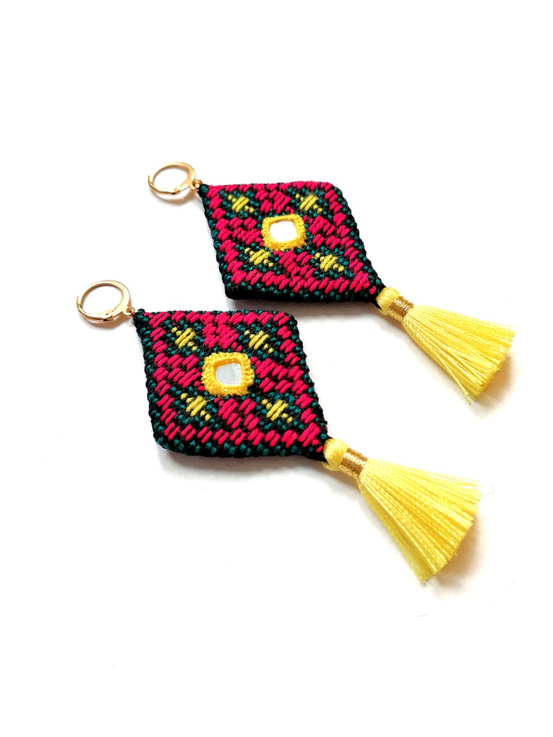 Pair of Baluchi embroidered earrings with mirrors and yellow tassels, NafisAccessory listing