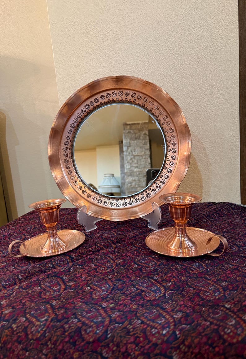 Handcrafted Copper Mirror and Candle Holders Set – Boho Rustic Home Decor