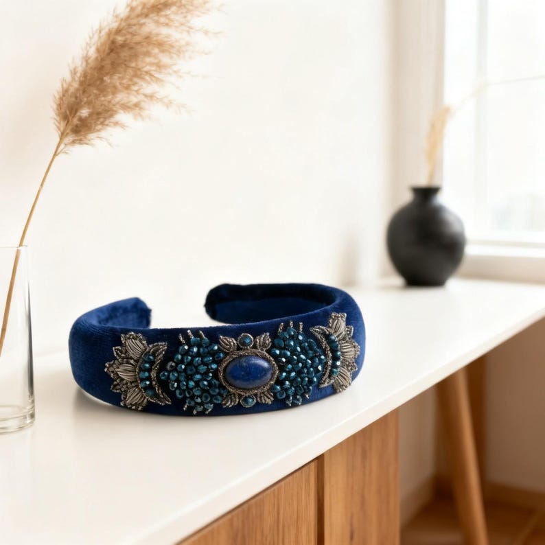 Navy Blue Velvet Headpiece with Lapis Stone, Handmade Persian Sermeh Embroidery، نمای 2