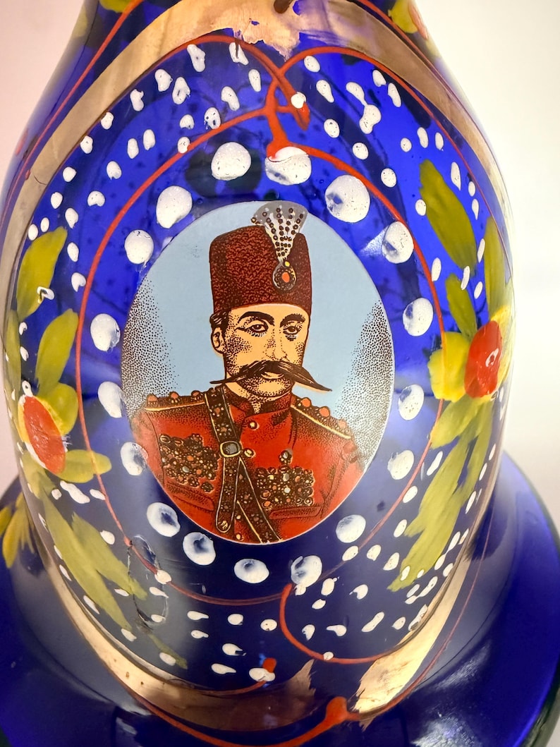 Antique Colbalt Blue Hand Painted Persian Glass Hookah Base، نمای 2