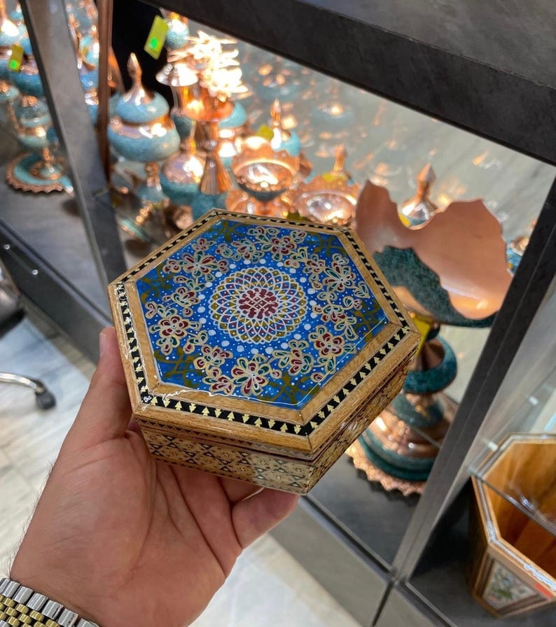 Handmade Blue Persian Khatam Box,Floral Wooden Jewelry Box,Decorative Trinket Storage, Uni