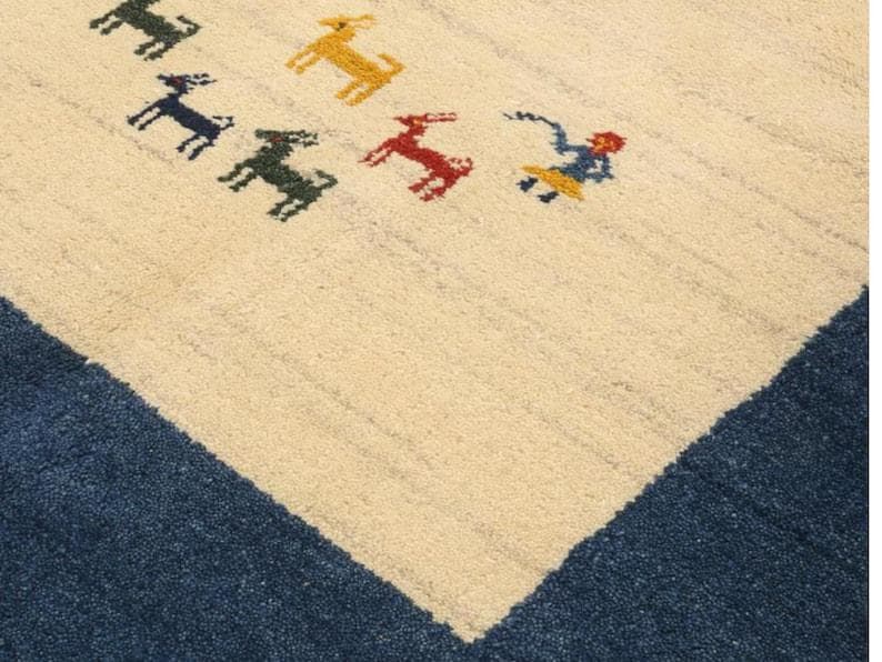 Handmade Gabbeh Wool Rug | Persian Style Minimalist Handloom Area Rug | Blue & Ivory Boho 