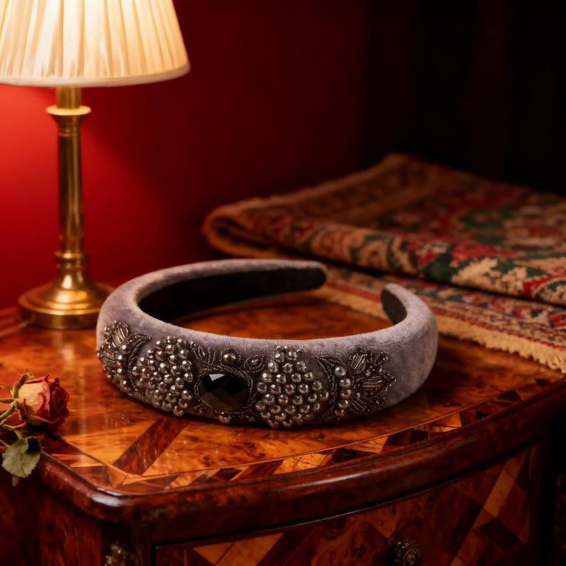 Grey Velvet Padded Headband with Handmade Persian Sermeh Embroidery, Wedding Guest Hair Pi