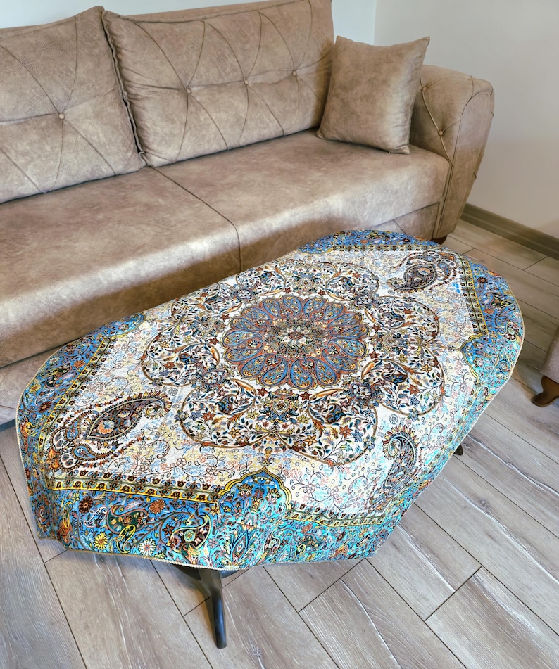 Silk Termeh Tablecloth 100 x 100 | Turquoise Gorgeous Square Tablecloth | Persian Art | Bo, view 3