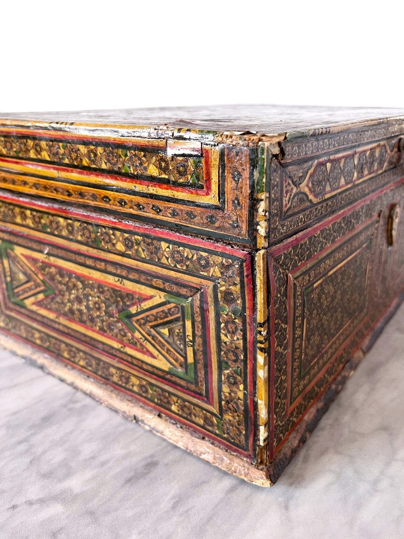Antique 14" Khatam Khari Star Inlay Wooden Jewelry Chest Box - 18th 19th Century Persian M، نمای 3