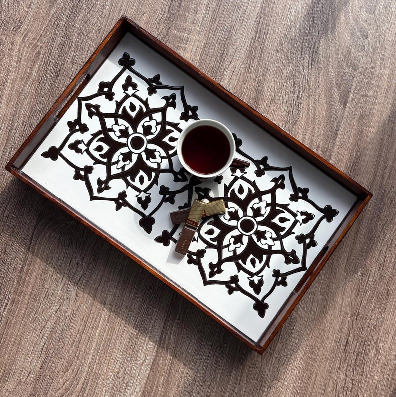 Wooden Serving Tray with Ceramic Tile, Persian Design Tile Tray, Decorative Serving Tray,