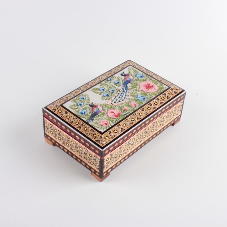 Hand-Painted Persian Khatam Box: Floral Bird Miniature Art Jewelry Box، نمای 2