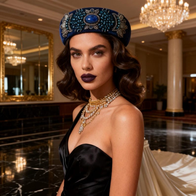Navy Blue Velvet Headpiece with Lapis Stone, Handmade Persian Sermeh Embroidery، نمای 3