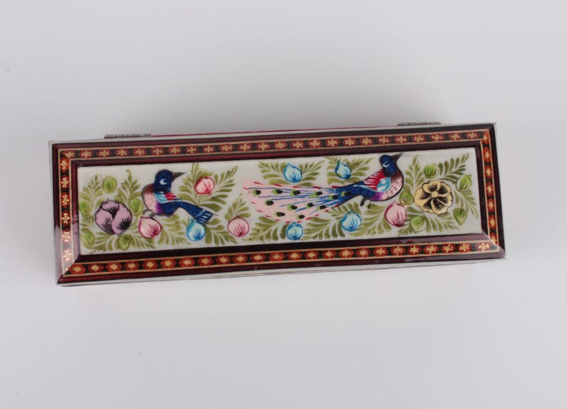 Handmade Persian Khatam Pen & Jewelry Box | Floral Bird Painted Wooden Case | Velvet-Lined، نمای 2