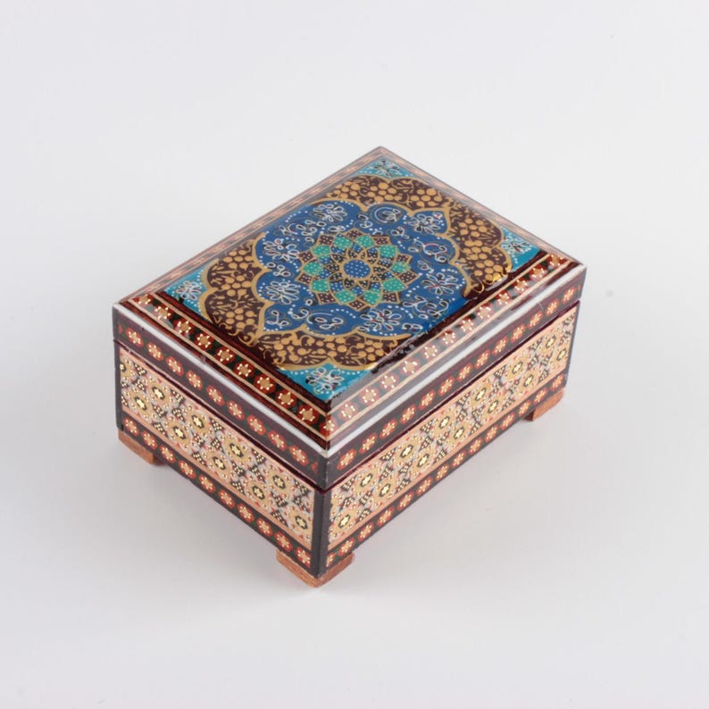 Khatam Jewelry Box Persian : Marquetry Box with Handmade Miniature Painting