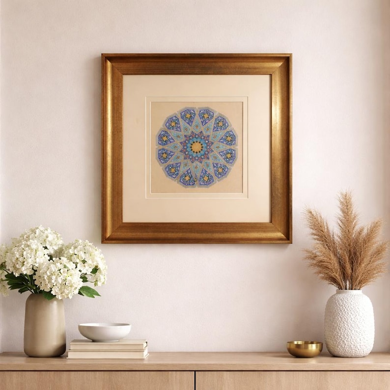 Handmade Persian Illumination Artwork – 24k Gold Shamsa Design, Framed