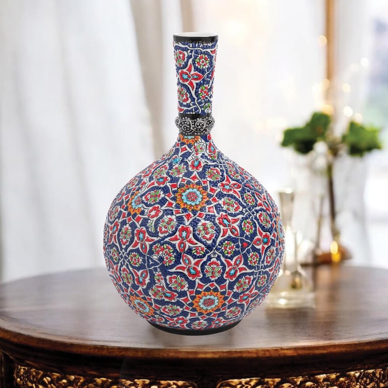Handmade Ceramic Vase: Persian Mosaic Art, Navy Blue & Floral Vase, view 2
