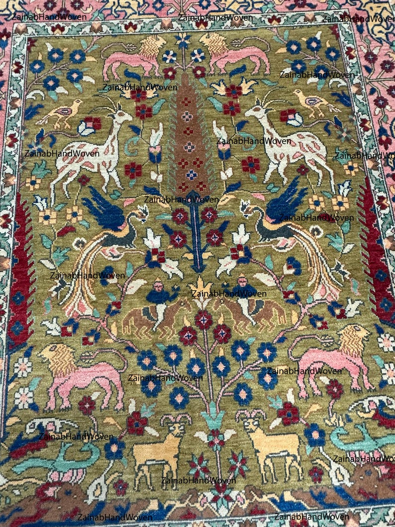 8x10 Area Rug, Hand Knotted Wool Oushak Style, Olive Green & Peach Animal Design