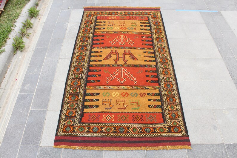 Persian Kilim Rug, 3.2x5.9 Feet, Vintage Rug, Handmade Rug, Antique Rug, Kitchen Rug, Wool