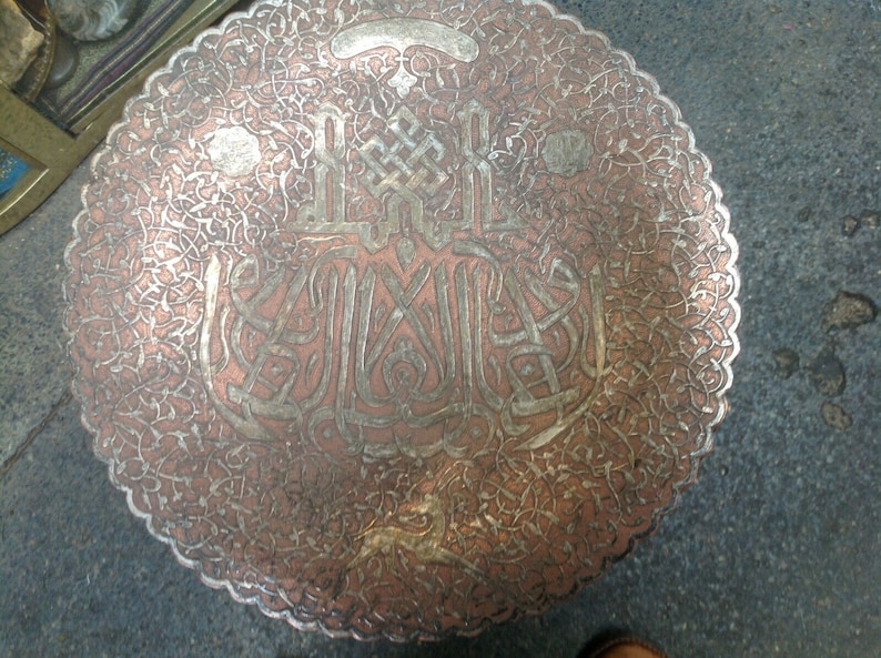 Antique Persian Copper Plate Silver Overlay Elk Damascene Tray Salver 30cm