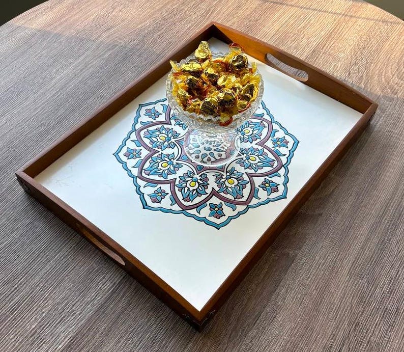 Rustic Serving Tray, Handmade Ceramic Tray, Tray with Ceramic Tile, Persian Design Tile Tr، نمای 3