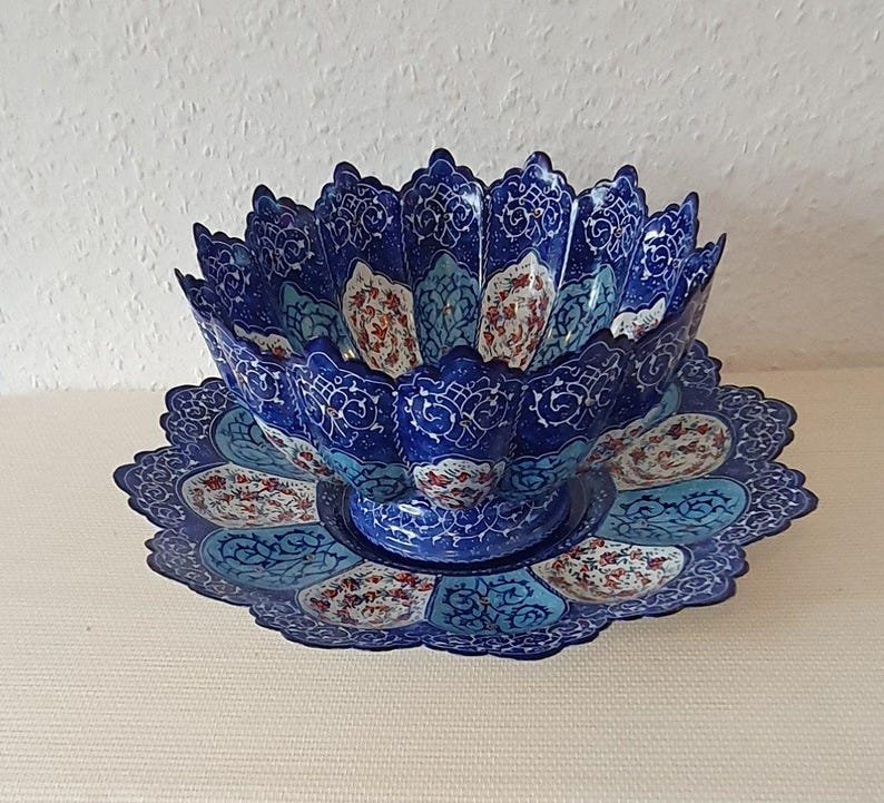 Handmade Persian Enamel Bowl and Plate Set, Minakari Art, Decorative Display