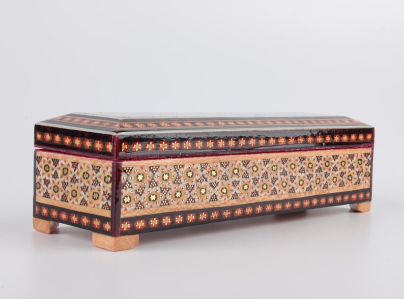 Handmade Persian Khatam Pen & Jewelry Box | Floral Bird Painted Wooden Case | Velvet-Lined، نمای 3
