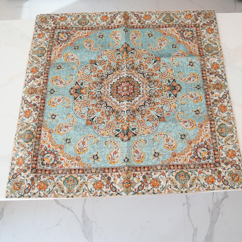 Termeh, Persian tablecloth with silk 37*37 inches (Light Blue color)، نمای 2