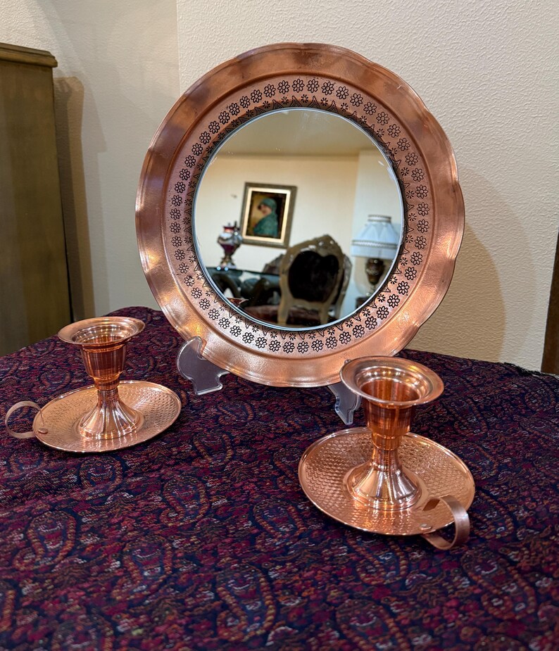 Handcrafted Copper Mirror and Candle Holders Set – Boho Rustic Home Decor, view 2