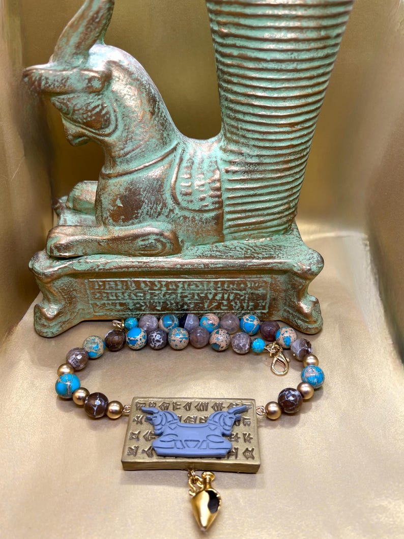 Ancient Persian Jewelry Set: Handmade Clay Necklace & Earrings، نمای 3
