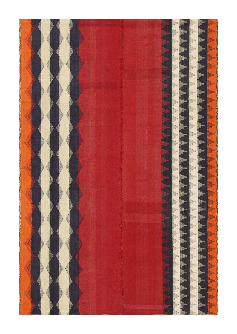 Vintage Jajim Kilim in Red, Blue, and Ivory Tones - Rug & Kilim