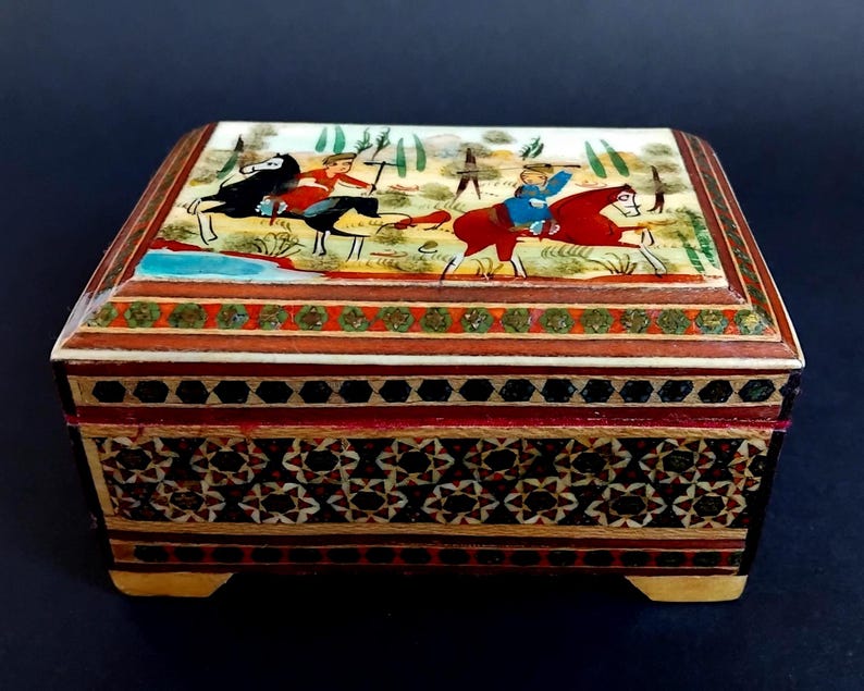 Vintage Persian Khatam Jewellery/ Trinket box- handpainted with micro-mosaic