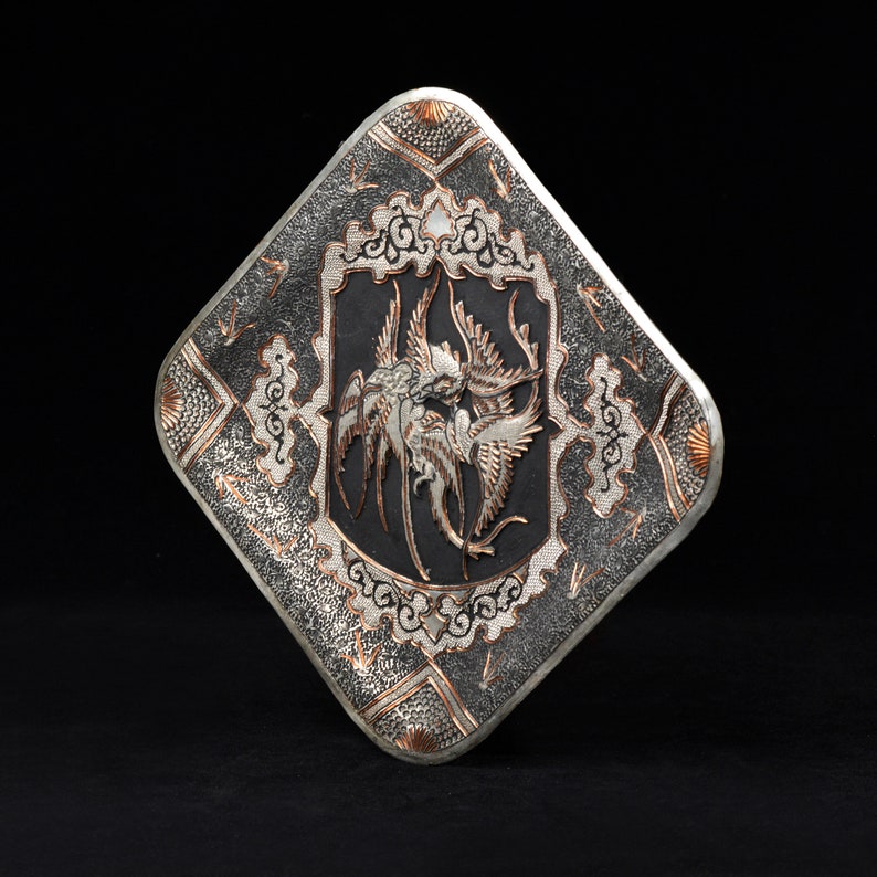 Vintage Engraved Metal Plate: Traditional Ghalamzani Art H9.8"/25cm (N3283)، نمای 2