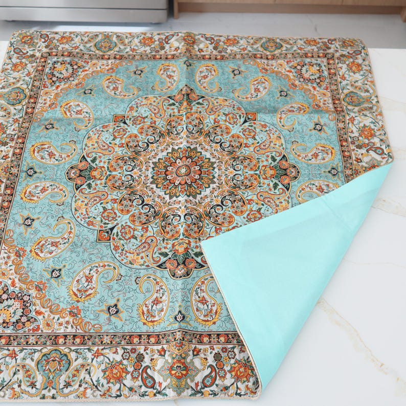 Termeh, Persian tablecloth with silk 37*37 inches (Light Blue color)، نمای 3