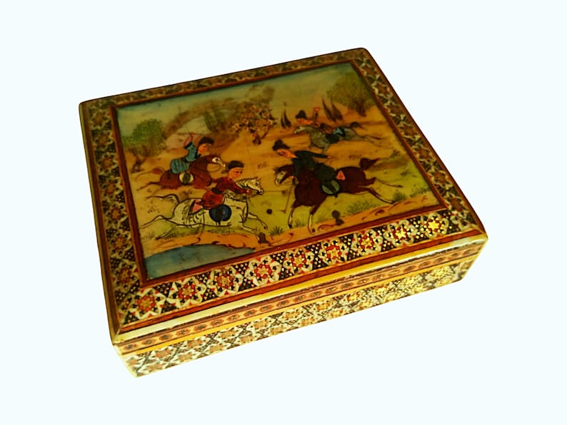 Antique Persian Khatam Mosaic Inlaid Jewelry Box, Persian Khatam Box, Artistic Handmade Vi