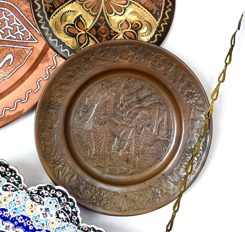 Vintage etched copper plate or tray...engraved with woman serving man wine...ghalamzani...