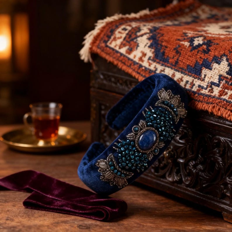 Navy Blue Velvet Headpiece with Lapis Stone, Handmade Persian Sermeh Embroidery