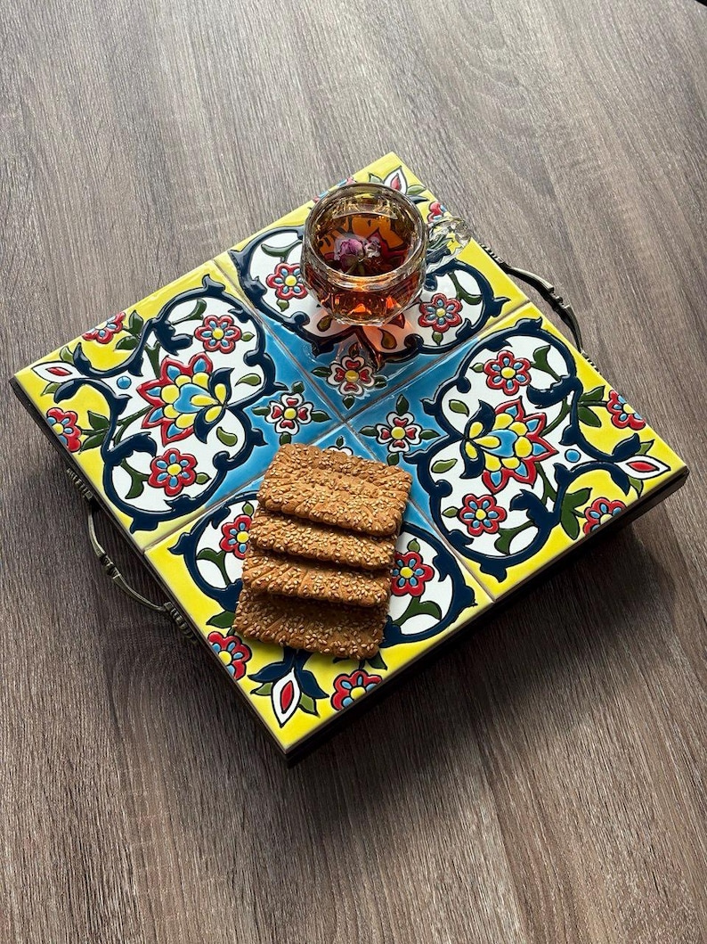 Persian Serving Tray, Ceramic Tile Tray, Mosaic Tile Tray, Metal Handle Serving Tray, Hand، نمای 3