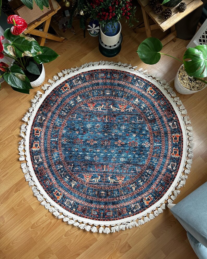Round Persian Style Rug: Vintage Cotton Kilim with Tassels، نمای 2