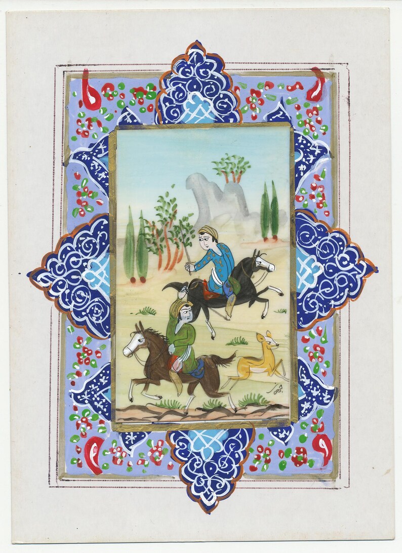 Persian Miniature Painting Of Hunting Scene Khatam Kari Inlaid Marquetry Frame 8X10، نمای 3