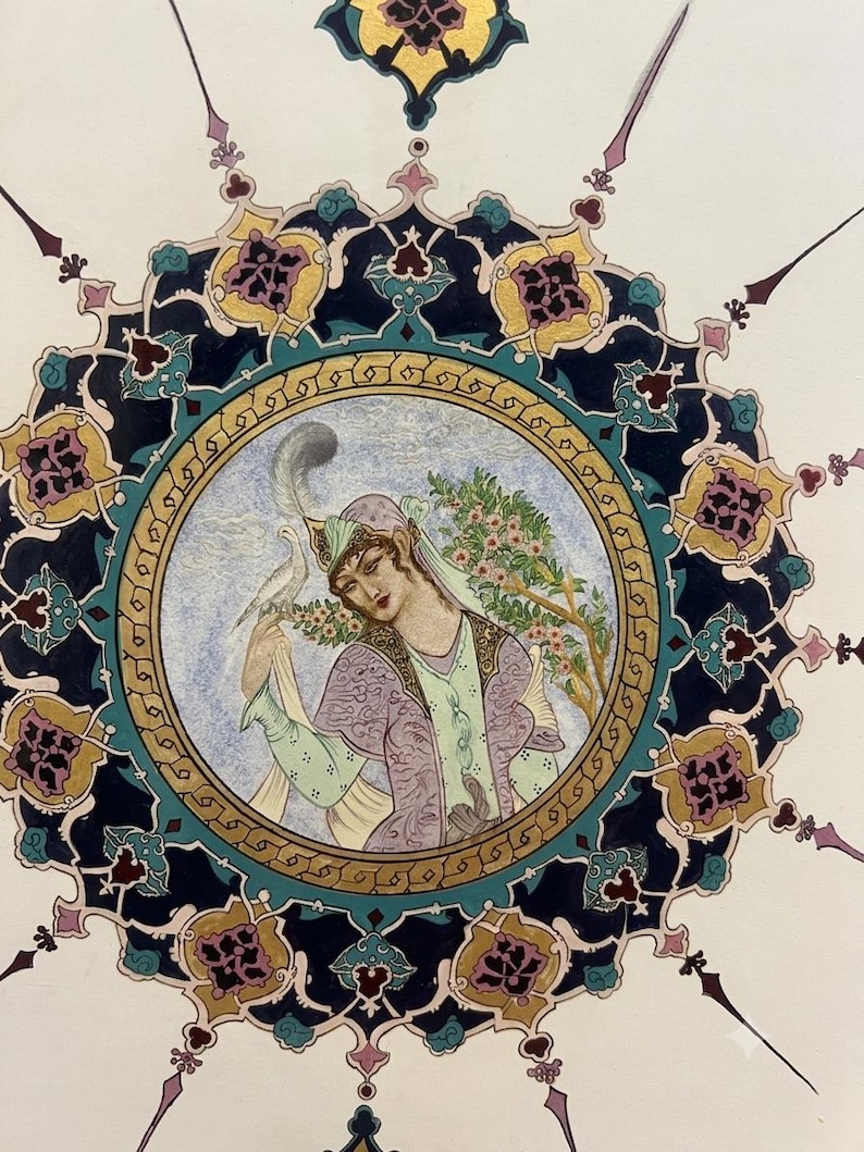 Persian Miniature Painting, Framed Tazhib Illumination Art, Islamic Geometric Medallion Ar
