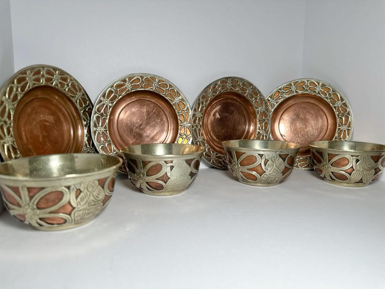 Engraved Silver on Copper Ghalamzani, 8 Piece Bowl and Plate Set