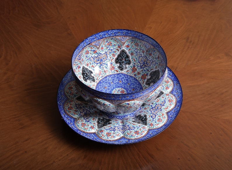 Decorative Handpainted Persian Minakari Bowl & Plate Set | Handmade Enamel Set | Unique Ho، نمای 3