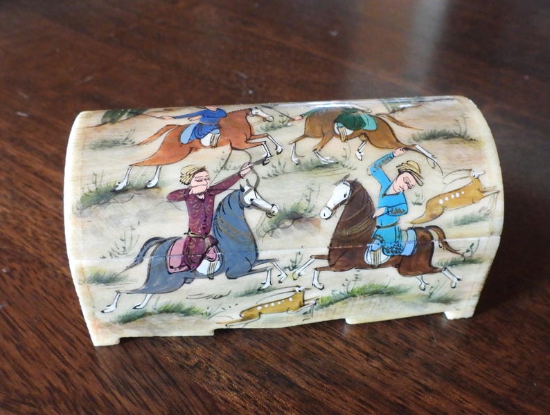 Vintage Persian Hand-Painted Camel Bone Trinket Box with Removeable Inside Shelf